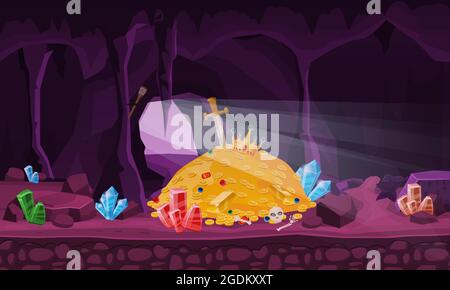 Concept Treasure grotta, palo d'oro, monete, gemme, corona, spada, cristalli. Banner art per il gioco, app fiaba medievale. Sfondo stile cartoon Illustrazione Vettoriale