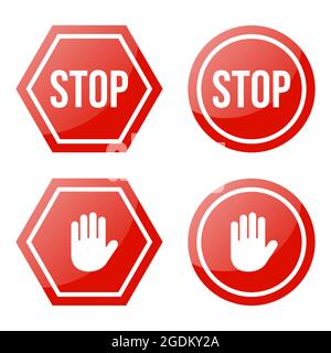 Icone rosse del vettore di stop. Segnale di arresto manuale Illustrazione Vettoriale