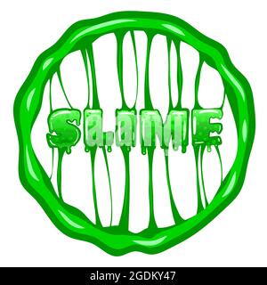 Modello logotipo testo lettere Slime. Liquido verde gorgogliante muffa tossica con spruzzi. Vettore isolato su sfondo bianco Illustrazione Vettoriale