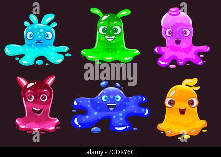 Set Slime jelli mostri personaggi, liquido giallo verde rosso ciano viola blu creature. Divertente simpatico cartoon vettore illustrazione su sfondo nero Illustrazione Vettoriale