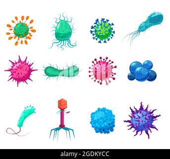 Virus set batteriie germi microrganismi oggetti che causano malattie microbi pandemici, infezione da funghi. Icona stile cartone animato con illustrazione isolata dal vettore Illustrazione Vettoriale