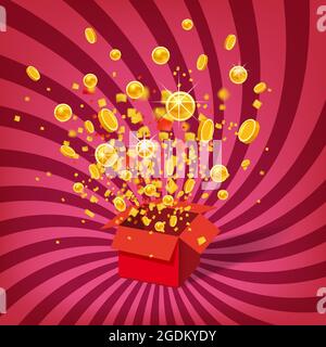 Scatola con monete esplosione, Blast. Apri la confezione regalo rossa e i Confetti. Vinci, casinò, lotteria, quiz. Strisce a spirale sfondo. Illustrazione vettoriale. Isolato Illustrazione Vettoriale