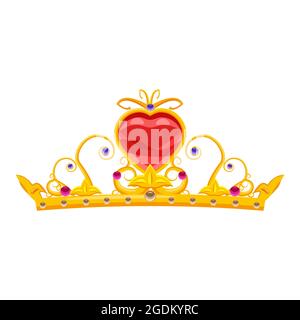Principessa Diadem con diamanti e pietre preziose, oro, corona, cuore, fiaba, attributo per bellezza, stile cartoon, vettore, illustrazione, isolato Illustrazione Vettoriale