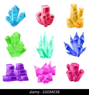 Set di cristalli. Forme e colori diversi. Pietra di cristallo o pietra preziosa. Pietra preziosa magia, cristalli di fantasia e pietre semipreziose. Per i giochi Illustrazione Vettoriale