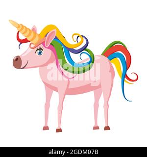Unicorn personaggio fantastico, miti e leggende del Medioevo con una manna multicolore, stile cartoon, vettore, illustrazione, isolato su un bianco Illustrazione Vettoriale