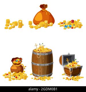 Set Tesoro, oro, monete, barre, gioielli, corona, spada, petto, barile, vettore, isolato, stile cartoon, per giochi, app, sfondo bianco Illustrazione Vettoriale