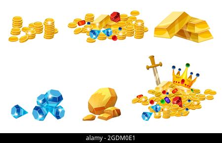 Set Treasure, oro, monete, nocciolo d'oro rock, barre, gioielli, corona, vettore, isolato, stile cartoon, per giochi, app, sfondo bianco Illustrazione Vettoriale