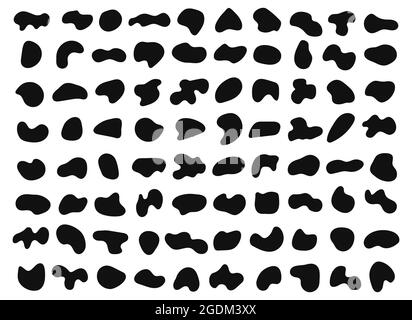 Forme liquide organiche astratte, blob casuali neri. Forma irregolare delle bolle, forma a sprodge, spot. Insieme di vettori di silhouette di elementi geometrici fluidi. Pietre asimmetriche di forme irregolari uniche Illustrazione Vettoriale