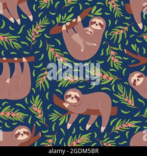 Cute sloths sul modello senza giunture ramo per carta da parati nido. Bambino sloth animale con la madre. Divertente pigro animali tessuti stampa tessitura vettoriale. Personaggi incantevoli in varie posizioni Illustrazione Vettoriale