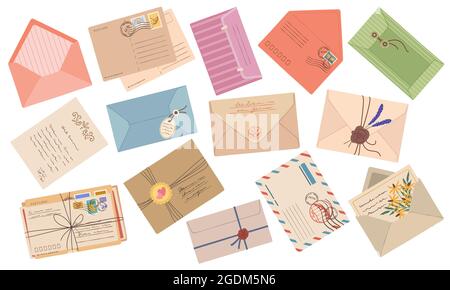 Buste, lettere postali cartacee, cartoline con francobolli e cartoline. Busta con sigillo in cera fatta a mano, set vettoriale di cartoline postali vintage. Scrittura vecchio stile con fiori per le vacanze Illustrazione Vettoriale