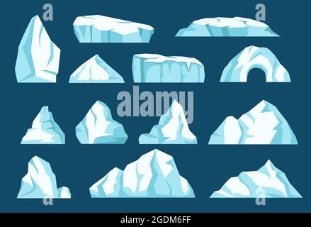 Iceberg cartoni animati, ghiacciai antartici, rocce di ghiaccio artico. Montagne ghiacciate galleggianti, cristalli di neve ghiacciata, picchi glaciali vettore insieme. Acqua congelante di forme e forme diverse Illustrazione Vettoriale