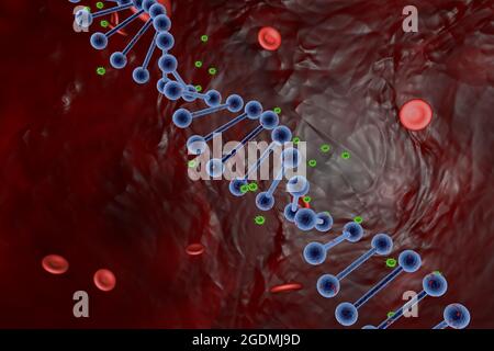 Immagine 3D stilizzata di una molecola di DNA e di globuli rossi al microscopio, infettati da virus e batteri Foto Stock