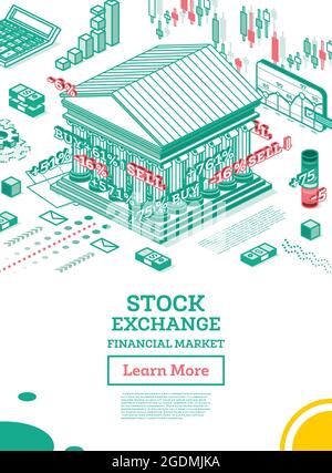 Edificio della Borsa Isometrica. Banca di contorno. Illustrazione vettoriale. Distretto finanziario commerciale. Visualizzazione delle modifiche dei preventivi di borsa. Illustrazione Vettoriale
