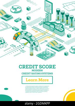 Punteggio di credito personale isometrico o concetto di rating. Punteggio di credito calcolato nella nuvola del computer. Illustrazione vettoriale. Contatore storico prestito di contorno. Illustrazione Vettoriale