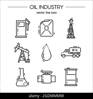 Set di icone per l'industria petrolifera adatto per grafica informativa, siti Web e supporti di stampa. Icone con linee bianche e nere. Illustrazione Vettoriale