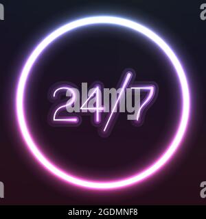 cartello al neon 24 ore su 24, 7 giorni su 7 Illustrazione Vettoriale