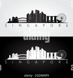 Skyline di Singapore e linee di riferimento, design in bianco e nero, illustrazione vettoriale. Illustrazione Vettoriale