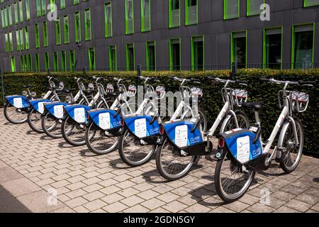 Noleggio biciclette di fronte all'edificio del Centro servizi SSC Studierenden (Centro servizi per studenti) dell'Università di Colonia, nel quartiere Linde Foto Stock