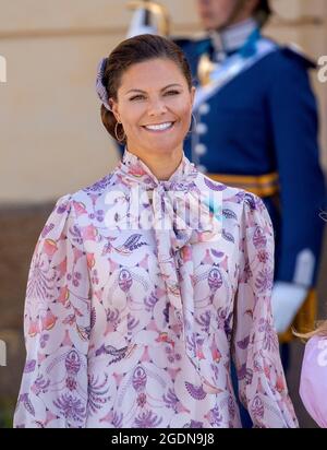 Stoccolma, Schweden. 14 agosto 2021. La principessa Vittoria della corona di Svezia partirà nella cappella del Palazzo Drottningholm a Stoccolma, il 14 agosto 2021, dopo il battesimo del Principe Julian Herbert Folke, nato il 26-03-2021 Credit: Albert Nieboer/Netherlands OUT/Point de Vue OUT/dpa/Alamy Live News Foto Stock