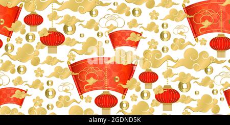 Felice anno nuovo cinese. Motivo senza cuciture con lanterna di carta rossa, carta a spirale, nuvole dorate e monete d'oro antiche su bianco. Orientale tradizionale a Illustrazione Vettoriale