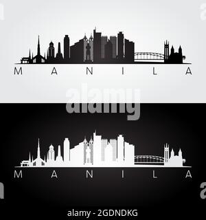 Profilo dello skyline e dei punti di riferimento di Manila, design in bianco e nero, illustrazione vettoriale. Illustrazione Vettoriale