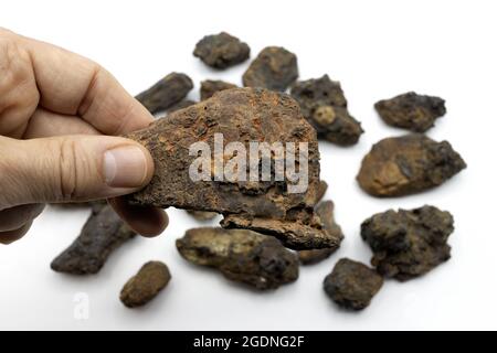 Mostrando alla telecamera una roccia chiamata ematite, limonite o magnetite, utilizzata dall'industria per ottenere ferro Foto Stock