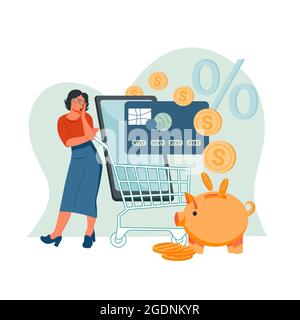 Cashback e trasferimento di denaro. Servizi bancari, e-commerce e rimborso in contanti, vettore. Illustrazione Vettoriale