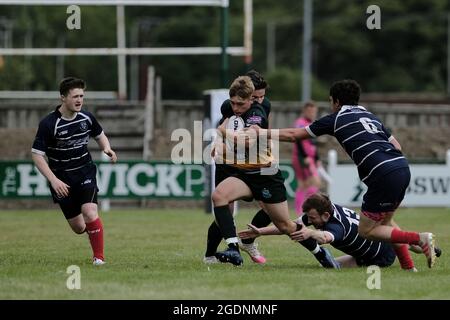 Hawick, Regno Unito. 14 agosto 2021. Azione degli Hawick 7 sabato 14 agosto 2021 a Mansfield, Hawick. Azione di primo piano di Hawick nella partita contro Musselburgh. Credit: Rob Grey/Alamy Live News Foto Stock