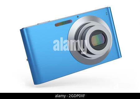 Elegante fotocamera digitale tascabile compatta blu isolata su sfondo bianco. Concetto di destinazione di viaggio in vacanza con rendering 3D Foto Stock