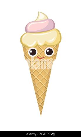 Gelato. Fumetto personaggio divertente. L'oggetto è isolato su uno sfondo bianco. In un cono di waffle. Estate cibo dolce dessert. Design piatto. Vettore Illustrazione Vettoriale