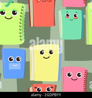 Libri, quaderni e quaderni. Simpatico personaggio cartoon. Design per bambini. Con un volto e un sorriso. Sfondo con ripetizione senza giunture. Vettore Illustrazione Vettoriale