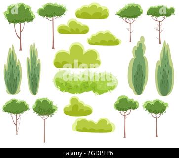 Impostazione. Rustica estate piante belle. Verde. Stile cartone animato. Alberi e arbusti. Isolato su sfondo bianco. Bellezza romantica. Illustrazione del design piatto Illustrazione Vettoriale