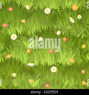 Ripetizione senza giunture. Prato con erba densa e fiori primo piano. Piante rurali verdi selvatiche. Stile cartone animato. Design piatto. Prato non tagliato. Illustrazione vettoriale Illustrazione Vettoriale