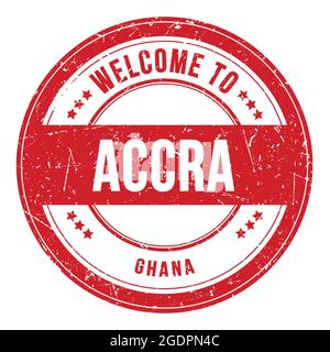 BENVENUTI AD ACCRA - GHANA, parole scritte sul francobollo rotondo rosso Foto Stock