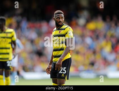 14 agosto 2021; Vicarage Road Stadium, Watford, Herts, Inghilterra; Premier League football, Watford contro Aston Villa; Emmanuel Dennis di Watford Foto Stock