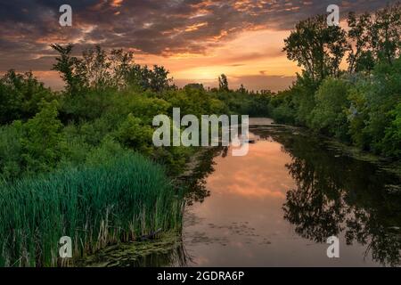 Un'alba colorata sul Discovery Nature Sanctuary a Winkler, Manitoba, Canada. Foto Stock