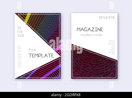 Set di modelli per il design della copertina triangolare. Arcobaleno linee astratte su sfondo rosso vino. Design del coperchio indelebile. Catalogo, poster, modello di libro, ecc. straordinari Illustrazione Vettoriale