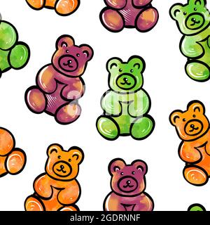 Illustrazione digitale di un modello senza giunture di caramelle di gelatina dolce sotto forma di orsacchiotti colorati su uno sfondo bianco. Illustrazione di alta qualità Foto Stock