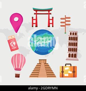 giornata del turismo nove icone Illustrazione Vettoriale