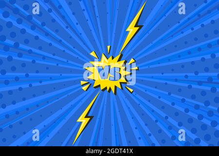 Supereroe sfondo a mezzitoni con fulmini. Design a fumetto blu con simbolo versus e flash giallo. Sfondo dell'illustrazione vettoriale Illustrazione Vettoriale