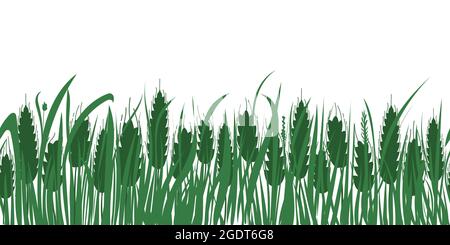 Campo di grano ed erba. Orizzontale ripetere il bordo senza fine. Silhouette Spikelet su sfondo bianco. Vettore isolato illustrazione per azienda agricola, panificio Illustrazione Vettoriale