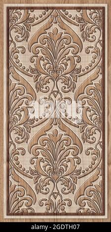 3D Door design sfondo, legno laminato rendering di alta qualità rendering decorativo murale sfondo illustrazione, 3D Carving interni design. Foto Stock