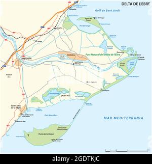 Mappa vettoriale del delta dell'Ebro, Catalogna, Spagna Illustrazione Vettoriale