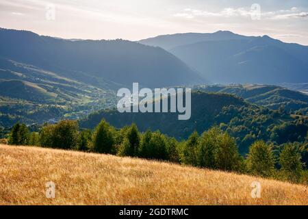 paesaggio autunnale della campagna dei carpazi. inizio stagione autunnale in montagna. alberi sulle colline erbose che si rotola nella valle lontana. bello Foto Stock