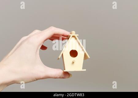 Donna che tiene piccola casa di legno. Simbolo di vendita Foto Stock