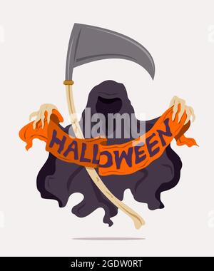 Il Dio della morte tiene un nastro della formulazione di Halloween nelle mani dell'osso. Illustrazione Vettoriale