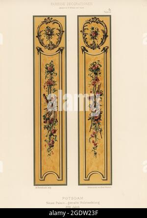 Pannelli dipinti delle pareti del nuovo Palazzo, Potsdam, Germania, 18 ° secolo. Un palazzo barocco prussiano costruito nel 1763. Neues Palais, gemalte Holztaefelung. Chromolithograph di Adolf Rettelbusch, della Farbige decorationen di Ernst Ewald, Alter und Never Zeit (decorazione a colori, epoche antiche e nuove), Ernst Wasmuth, Berlino, 1896. Foto Stock