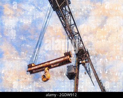 Una gru a portale da 50 tonnellate contro il cielo. Una gru a cavalletto è una gru costruita in cima a un gantry, che è una struttura utilizzata per regge un oggetto o un'area di lavoro. Di Foto Stock