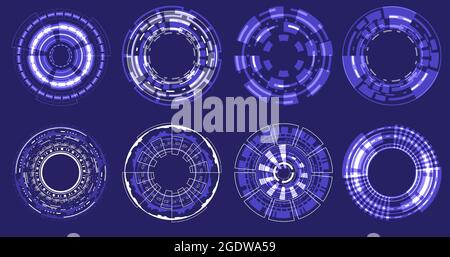 Cerchio olografico futuristico di elementi di messa a fuoco. Design rotondo fantascientifico. Vista del collimatore militare. Circuito HUD di raccolta. Set mirino fotocamera. Digita Illustrazione Vettoriale