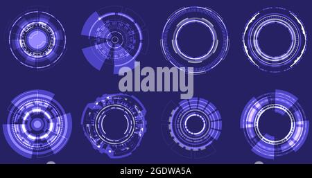 Cerchio olografico futuristico di elementi di messa a fuoco. Design rotondo fantascientifico. Vista del collimatore militare. Circuito HUD di raccolta. Set mirino fotocamera. Digita Illustrazione Vettoriale